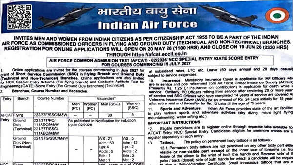 AFCAT 02/2026 applications begin May 20 for 300-plus Indian Air Force vacancies; check details here