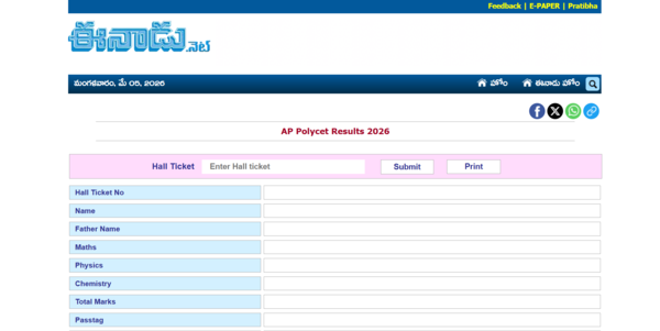 AP POLYCET result 2026 released at results.eenadu.net with 91.37 pass percentage: Direct link to download scorecards