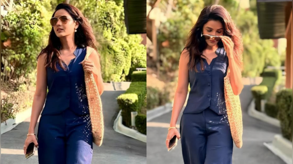 Blazer and Trouser Look with Straw Bag