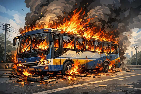 AC vent fall wakes mother just in time as bus catches fire in Hassan