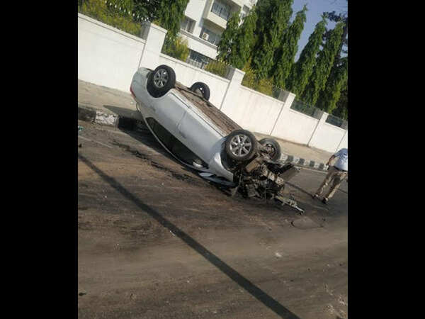 Bengaluru: Car hits median, flips over and lands on service road