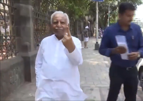 Former Jet Airways chairman Naresh Goyal shows his inked finger after casting a vote at a polling station in Mumbai, for the fifth phase of Lok Sabha polls