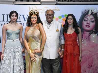 An emotional Boney Kapoor unveils Sridevi’s statue at Madame Tussauds Singapore with daughters Janhvi and Khushi by his side