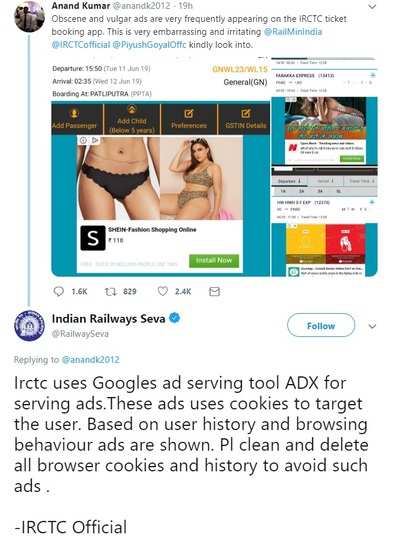 IRCTC's reply to user complaining of obscene ads will leave you in splits