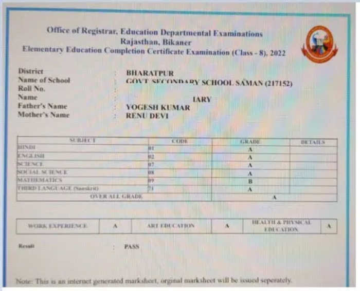 RBSE 8th Result 2022 (link) 95.5 pass in BSER Rajasthan Board class 8