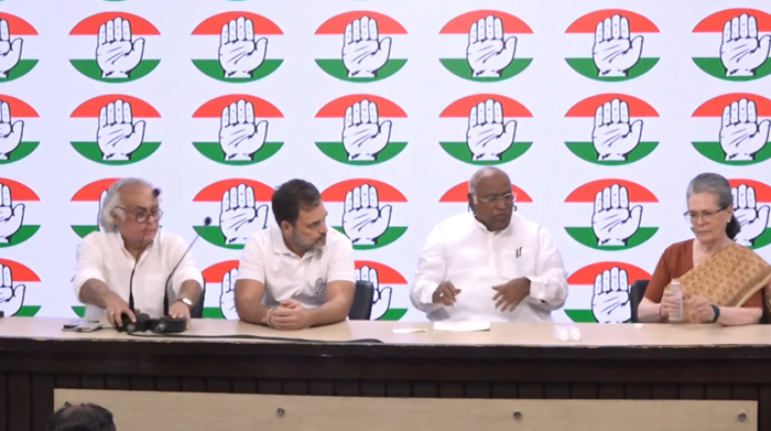 India Election 2024 Results: CPP chairperson Sonia Gandhi, Congress President Mallikarjun Kharge and party leader Rahul Gandhi address a press conference in Delhi