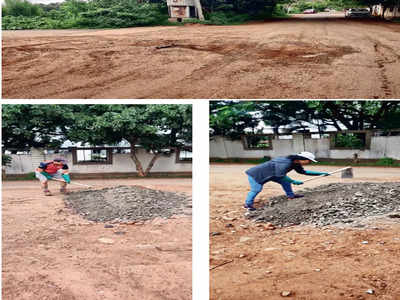 Couple of citizens take up cudgels to fix pothole-riddled road