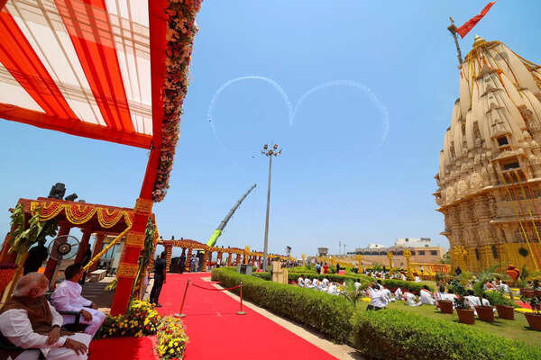 Prime Minister Narendra Modi witnesses IAF Suryakiran flypast at Somnath temple