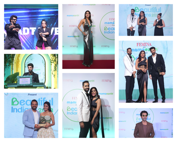 Clockwise from top-left: Arjun Kapoor shaking a leg with singer Aditi Singh, Vaani Kapoor, Rani Mukerji with Co-founders of Mamaearth Varun Alagh & Ghazal Alagh, Aditya Roy Kapur with Varun Alagh & Ghazal Alagh, Rajkummar Rao, Varun Alagh & Ghazal Alagh, YouTuber Flying Beast & his wife Ritu Rathee Taneja and Karan Wahi.