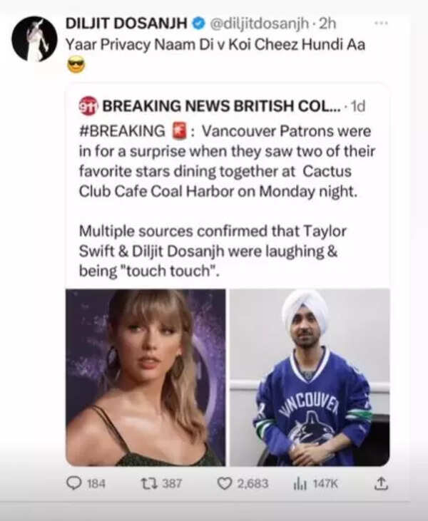 Diljit Dosanjh risponde ai rapporti secondo cui è “permaloso” con Taylor Swift, dice: “Privacy naam di v koi cheez hundi aa” |  Film di notizie hindi