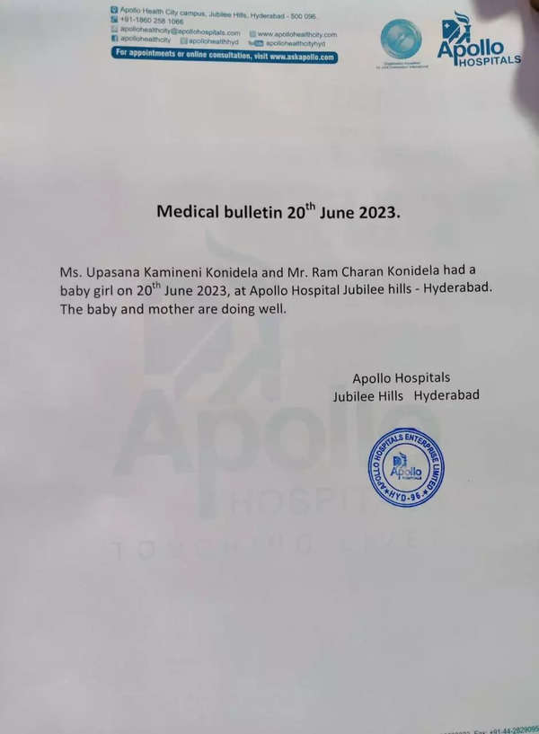 Apollo Hospitals Bulletin about Ramcharan's Baby girl