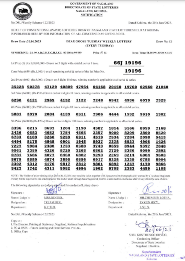 Nagaland Lottery results: Winning numbers of Dear Goose Evening results