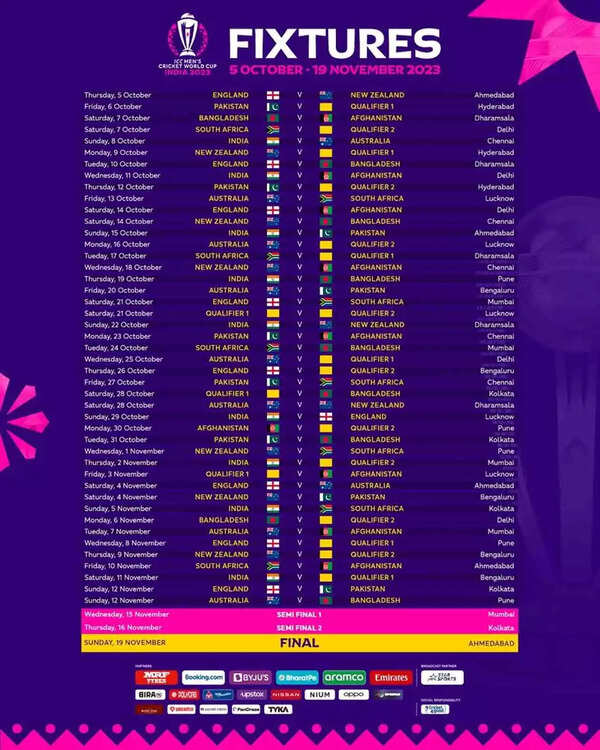 ICC World Cup 2023 Full Schedule List of Matches, Venues and Time