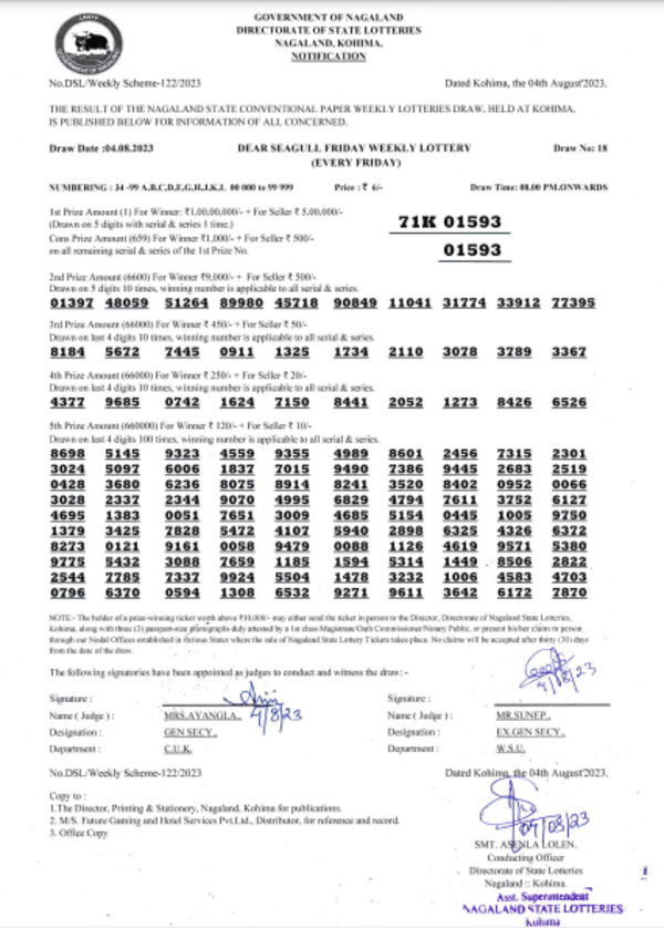 Nagaland Lottery results: Winning numbers of Dear Seagull Evening results