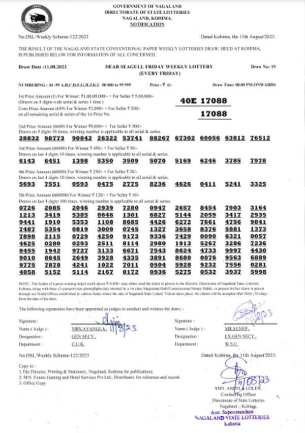 Nagaland Lottery results: Winning numbers of Dear Seagull Evening results