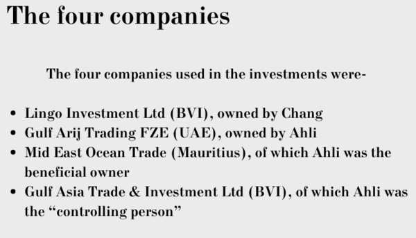 The Four Companies The four companies used in the investments were Lingo Investment Ltd (BVI), owned by Chang; Gulf Arij Trading FZE (UAE), owned by Ahli; Mid East Ocean Trade (Mauritius), of whic