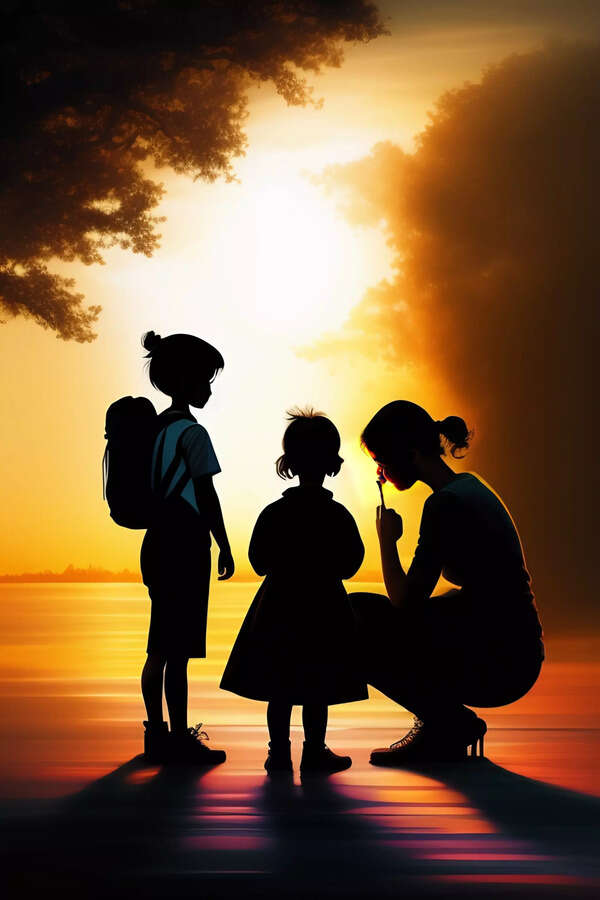 A silhouette of a woman taking care of young boy a