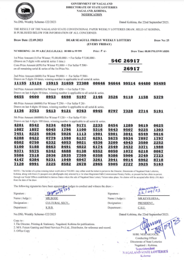 Nagaland Lottery results: Winning numbers of Dear Seagull Evening results