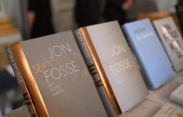Books by Norwegian author Jon Fosse are displayed after the announcement of the winners of the 2023 Nobel Prize in literature at Swedish Academy in Stockholm on October 5, 2023.
