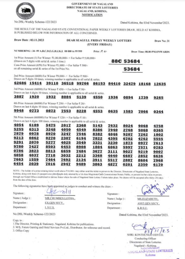 Nagaland Lottery results: Winning numbers of Dear Seagull Evening results