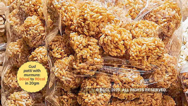 Gud patti with murmura has 80cal to 90cal in 20gm Gud patti with murmura has 80cal to 90cal in 20gm