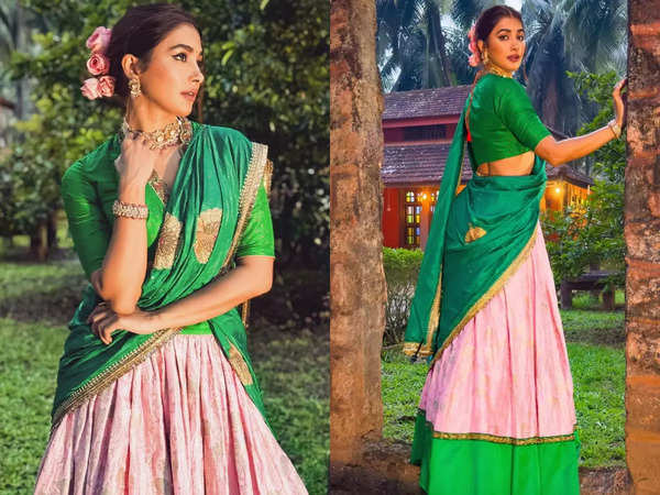 Pink Silk Jacquard Duppatta, Parrot Green Color Banarasi Silk Jacquard  Lehenga & Green Silk Crop Top Styled Blouse