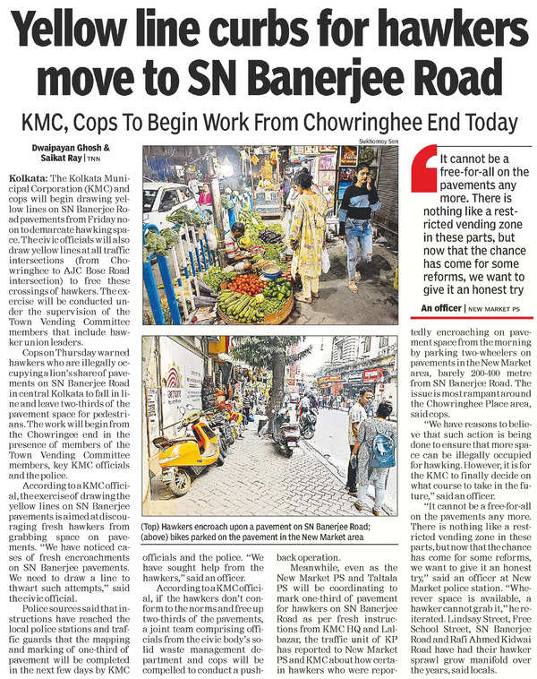 KMC Draws Yellow Line on SN Banerjee Road to Check Hawker Encroachment | Kolkata News – Times of India