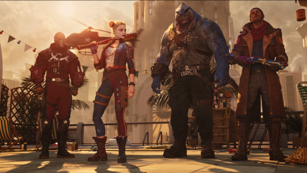 Deadshot, Harley Quinn, Captain Boomerang, and the King Shark