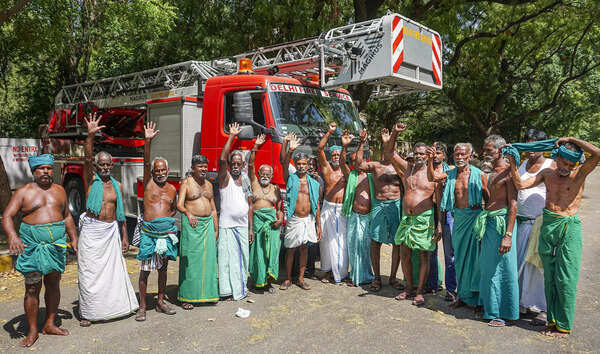 New Delhi: Farmers from Tamil Nadu during a protest at Jantar Mantar, in New Del...