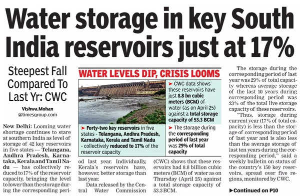 Water Shortage Looms For Southern India As Reservoir Levels In 5 States