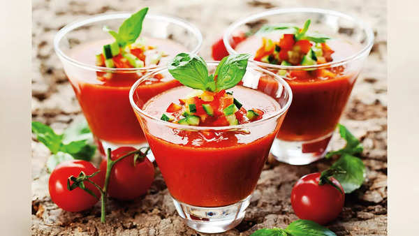 Gazpacho is a chilled tomato-based soup usually made with tomatoes, cucumbers, bell peppers, onions, garlic, olive oil, vinegar and bread crumbs