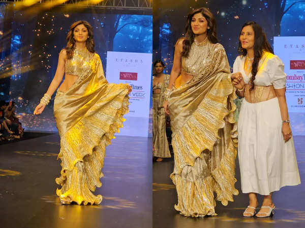 Shilpa Shetty stuns in a silver-gold sari at BTFW | - Times of India