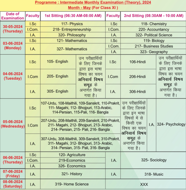 BSEB Monthly Schedule