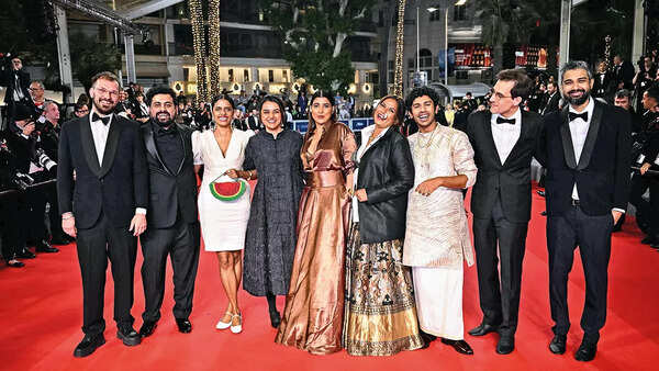 Chhaya Kadam, Kani Kusruti, Payal Kapadia, Divya Prabha and Hridhu Haroon arrive for the screening of their film at the festival