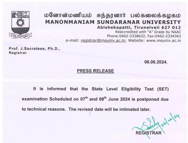 Tamil Nadu's SET Exam Postponed