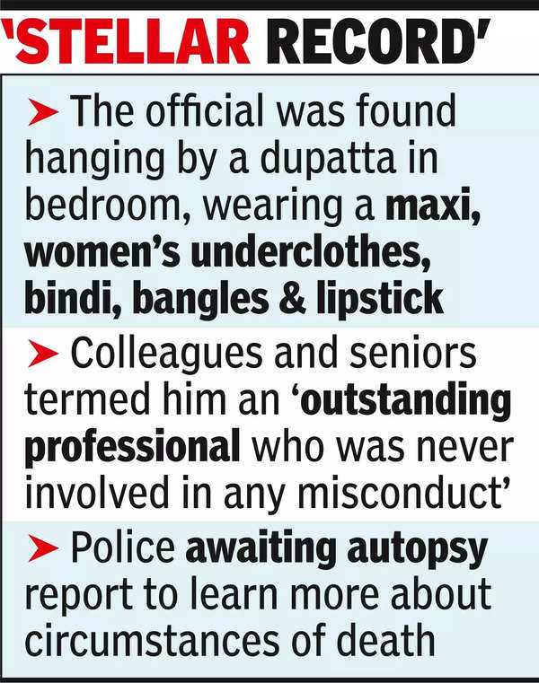 Senior AAI official found hanging from ceiling fan dressed as woman.