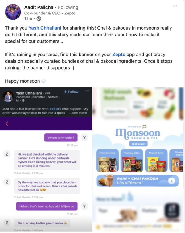 Zepto CEO's reply to the customer who inspired the new feature