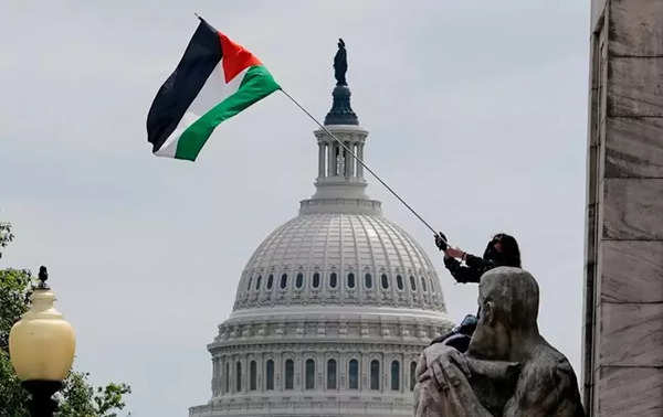 A pro-Palestinian demonstrator waves a Palestinian flag, with the Capitol dome seen in the background, in Washington, US, July 24, 2024. (Reuters)