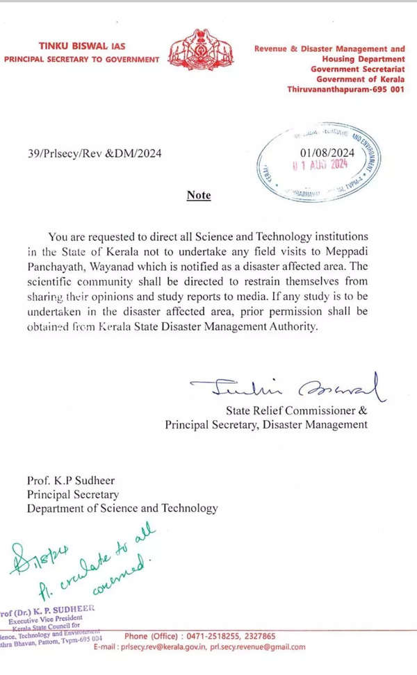 Kerala government bans scientists from visiting landslide sites.