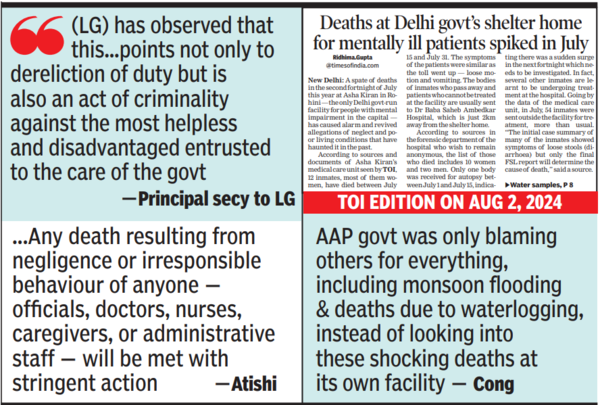 TOI published a report, 'Deaths at Delhi government's shelter home for mentally ill patients spiked in July', on the front page of its August 2 edition.