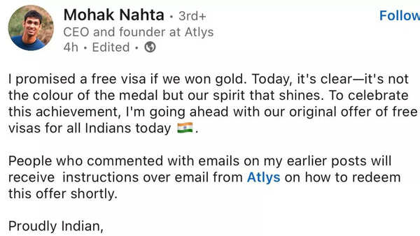 Free visa on Neeraj Chopra's silver