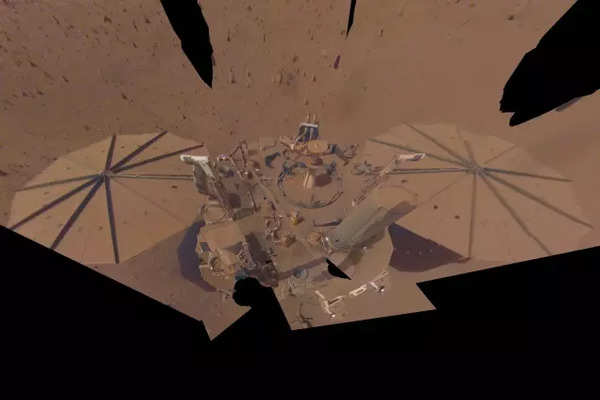 InSight Mars lander in a selfie photo composite on April 24, 2022, the 1,211th Martian day (Photo credit: AP)