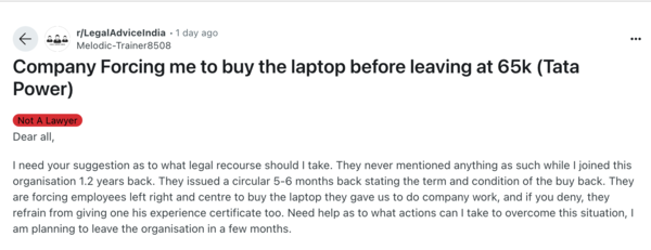 Reddit post reveals Tata Power's alleged laptop buyback policy