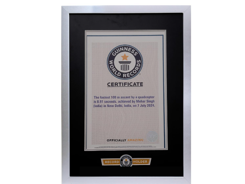 Teen Innovator Soars to New Heights: Mehar Singh Breaks Guinness World Record with Lightning-Fast Drone Ascent 3 Certificate