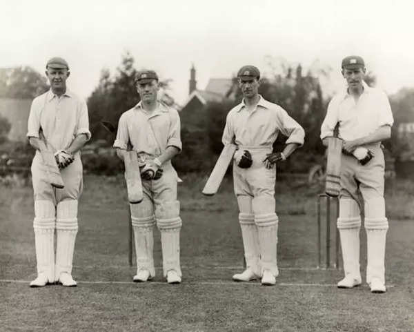 Left to right, Plum Warner, Harry Lee, JW Hearne and Nigel Haig, Middlesex cricketers, all of whom scored centuries in their match against Sussex at Lord's Cricket Ground in London, 22nd May 1920. (Photo/ Getty Images)