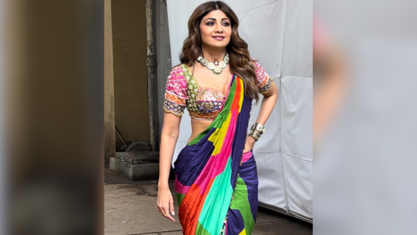 Shilpa Shetty in a stylish rainbow sari