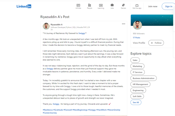 A look at the LinkedIn post shared by Riyazuddin
