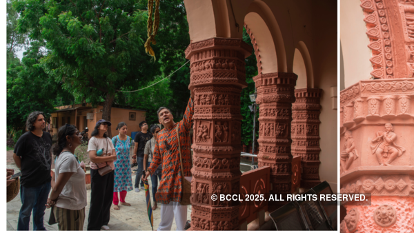 The walls and pillars of the CR Park temple are paved with terracotta tiles displaying images of elephants, fish, Radha-Krishna, Nataraj, etc. The walls and pillars of the CR Park temple are paved with terracotta tiles displaying images of elephants, fish, Radha-Krishna, Nataraj, etc.
