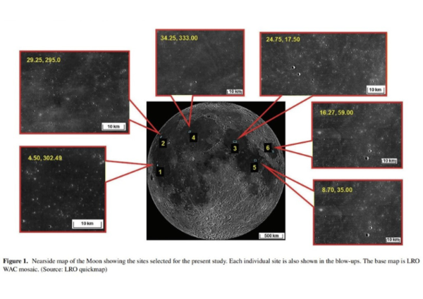 A map near the Moon showing the sites selected for the current study. Each location is also shown individually in the explosions. (Source: LRO quick map)