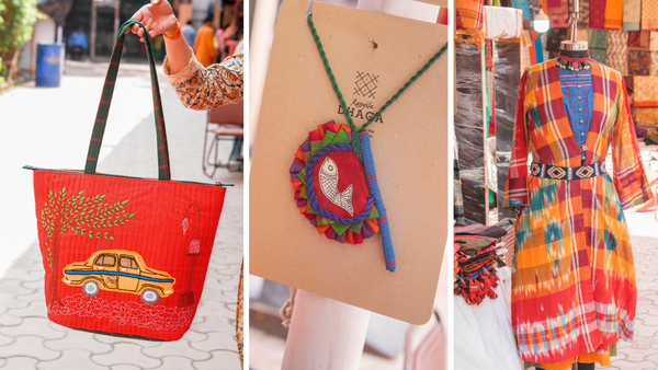 Bags, jewellery in Gamcha fabric can be a cool addition to Pujo outfits